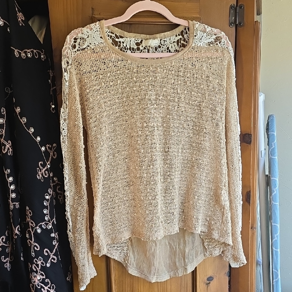 Areve Cream Knit Sweater with Lace Accents